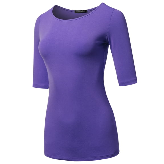 SSOULM Women's 1/2 Sleeve Silky Stretchy Crewneck Slim Fit T-Shirt Top with Plus Size