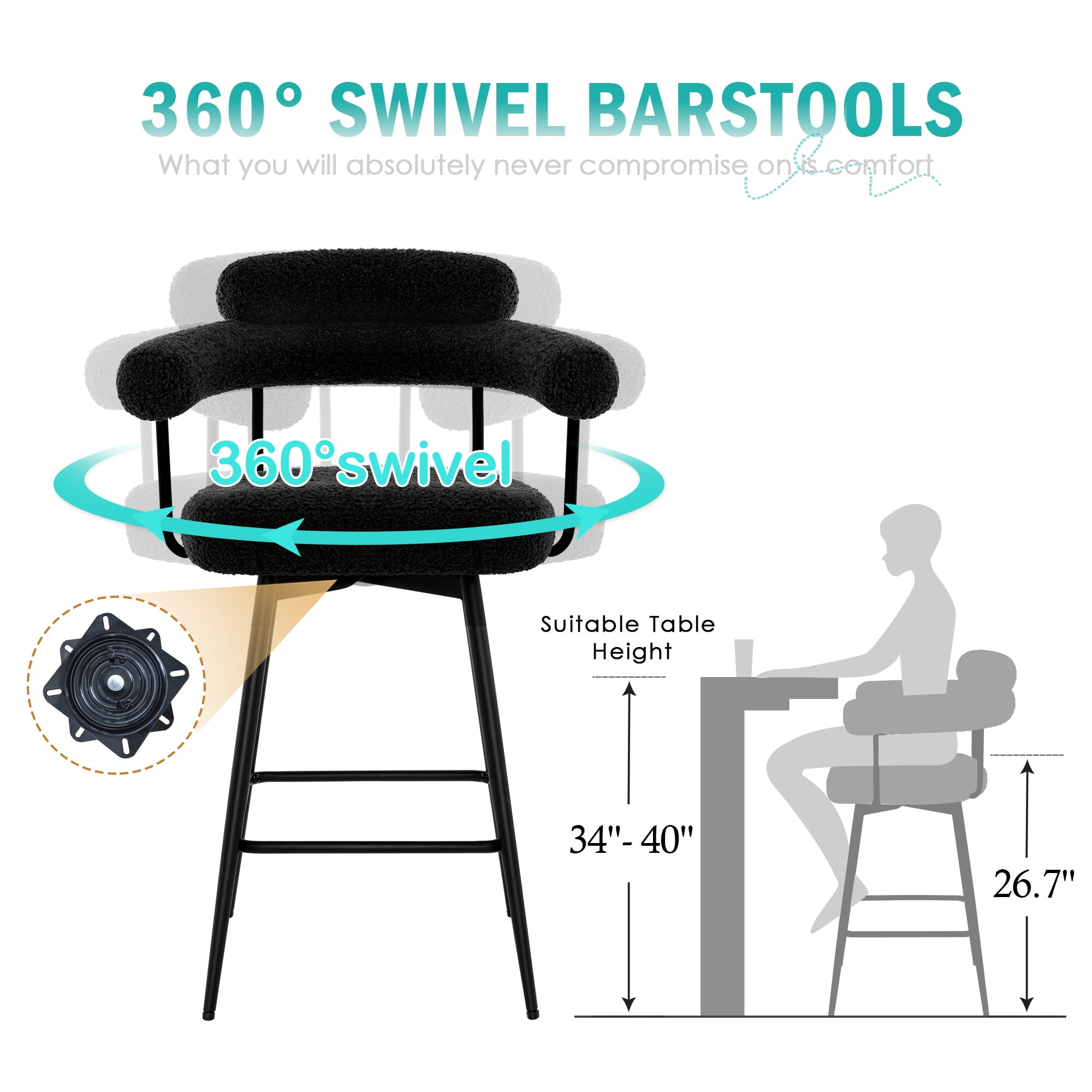 Zesthouse 26.7" Swivel Counter Stools Set of 2, Upholstered Sherpa Bar Stools with Back and Metal Legs, Modern Counter Height Chairs for Kitchen Island, Black
