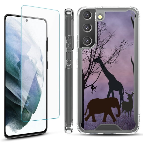 Shockproof Bumper Phone Case for Samsung Galaxy S22  / S22 Plus 5G, with Tempered Glass Screen Protector, by OneToughShield ® - Twilight Safari