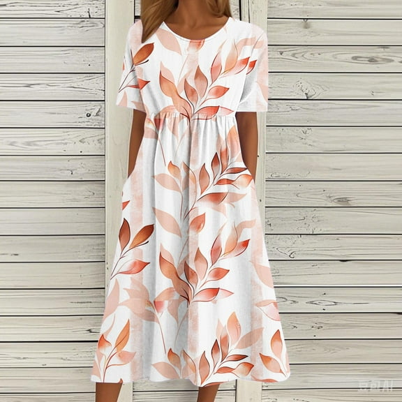 Vetsdori Womens Short Sleeve Midi Dresses Summer Party Sundress Floral Print Tunic,Holiday Pleated Beach Dress for Junior Crew Neck