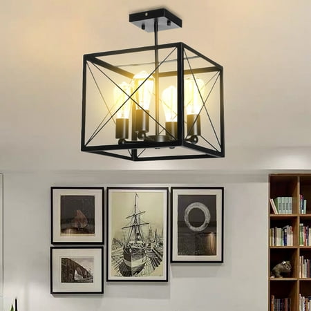 

4-Light Industrial Pendant Lighting Farmhouse Drop Ceiling Light Rustic Square Metal Cage Hanging Lantern Light Black Chandelier for Dining Room Kitchen Island Hallway Entryway Porch E27
