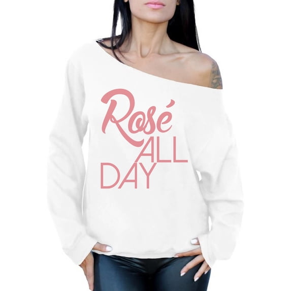 Awkward Styles Women's Rose All Day Relaxed Drinking Graphic Off Shoulder Tops Oversized Sweatshirt Wine Lover Gift