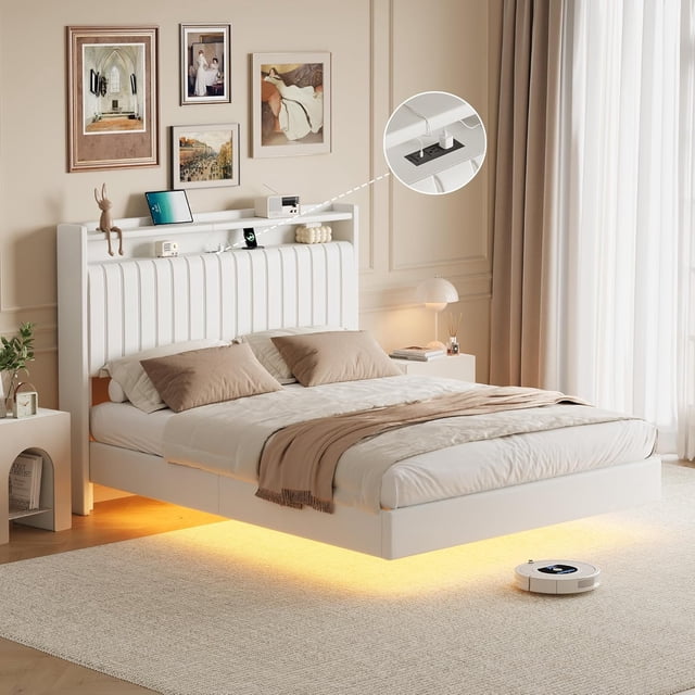 Queen Size Floating Bed Frame with RGB LED Lights & Charging Station, Upholstered Platform Bed with Storage Headboard, 50" Tall Leather Headboard, No Box Spring, Noise-Free Design