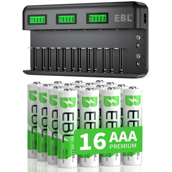 EBL 12 2 Bay LCD Battery Charger with AAA Rechargeable Batteries, 16-Pack