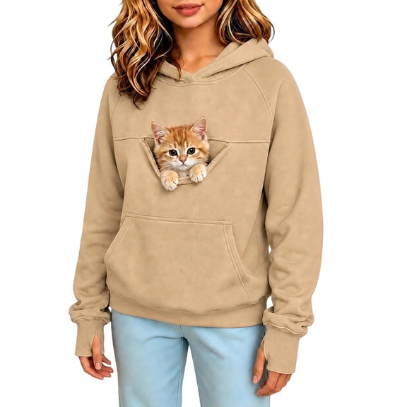 ZHOGXU Boys Girls Hoodie Sweatshirts Cute Cat Print Pullover With Pocket Comfortable Kids Tops School Wear,Khaki,11-12 Years