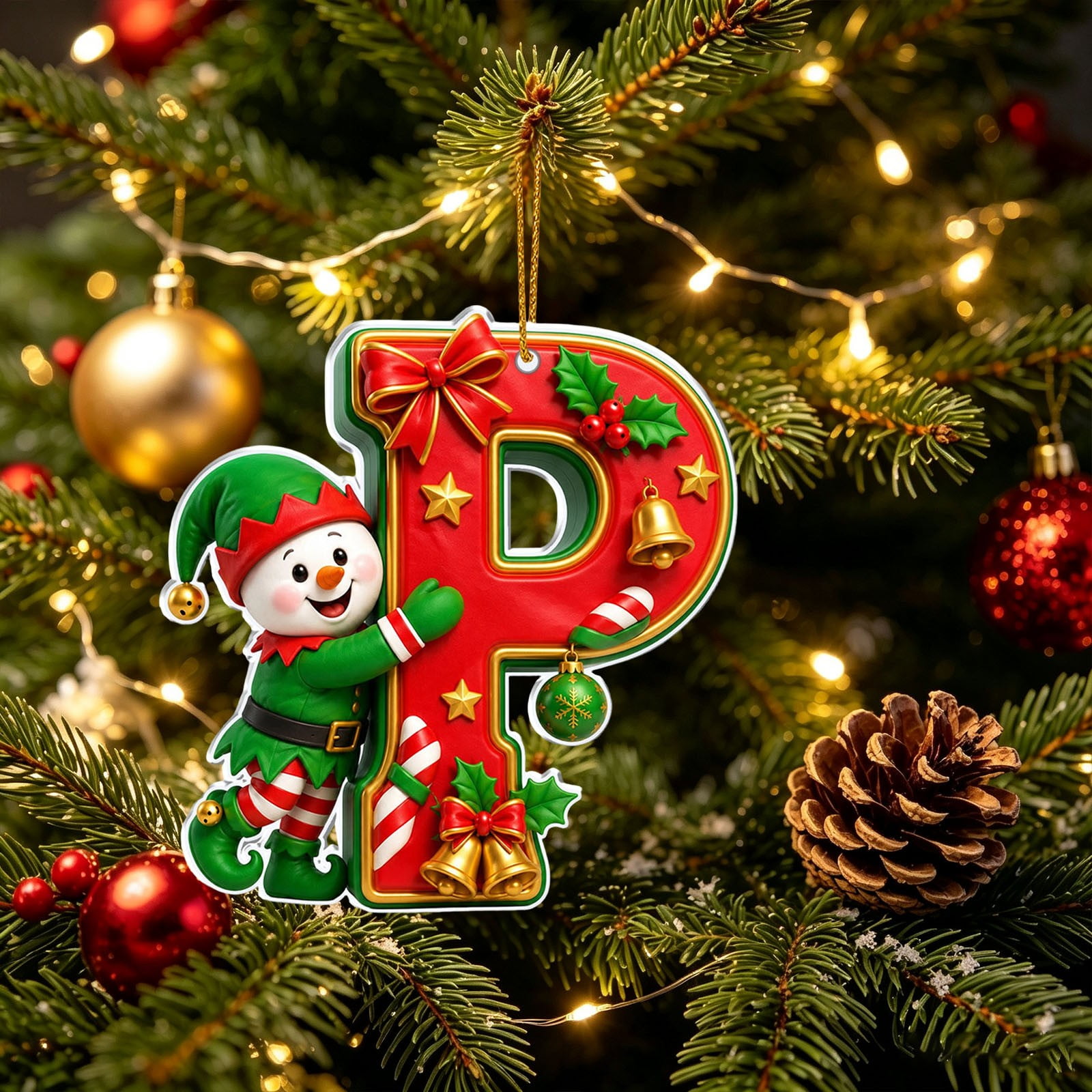 Letter P Elf Christmas Initial Ornament 2D Flat Acrylic Alphabet Letter Hanging Ornament for Christmas Tree Wreath Garland Fireplace and Holiday Home Decor