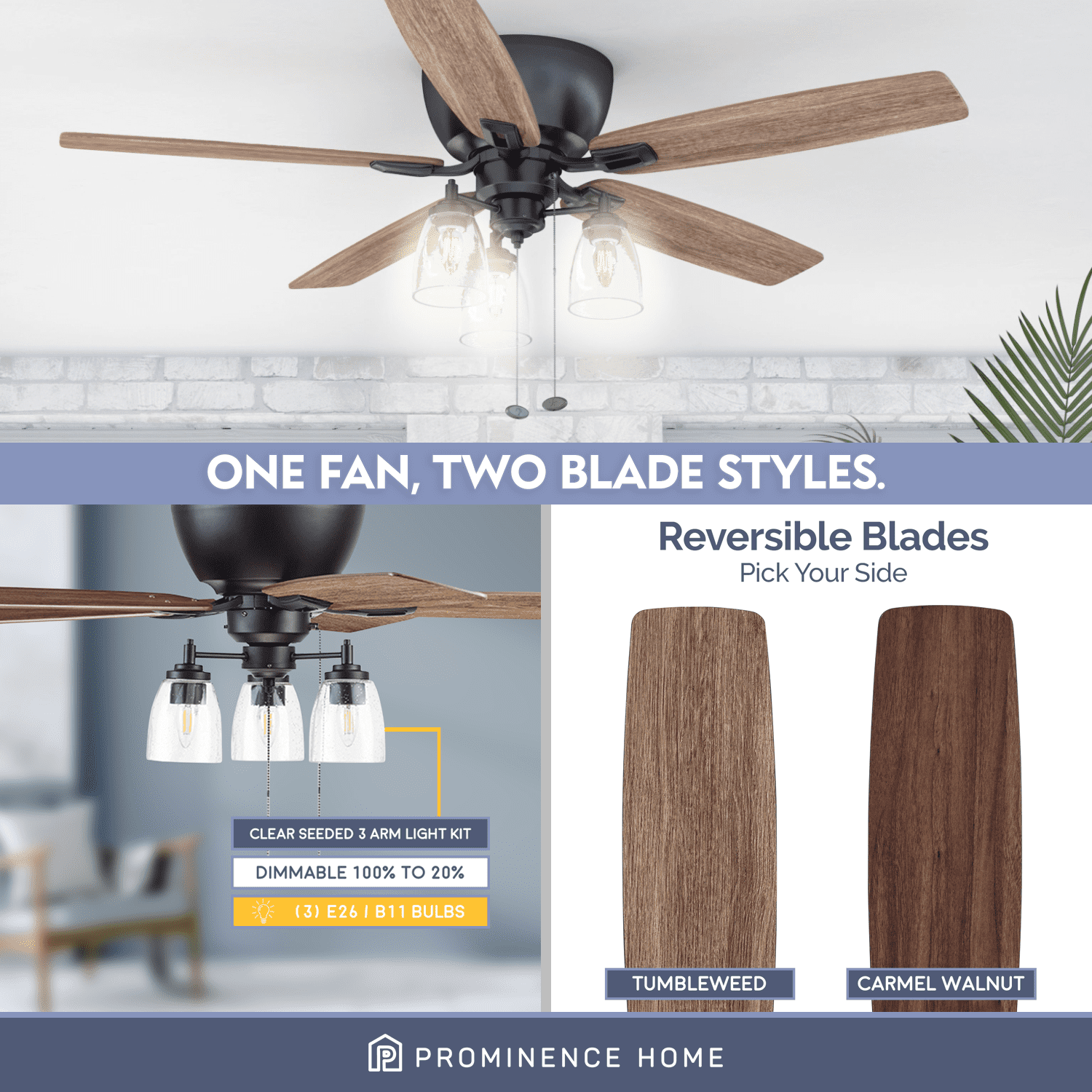 Prominence Home Arthur 52" Bronze Flushmount Ceiling Fan with Light Kit and Reverse Airflow