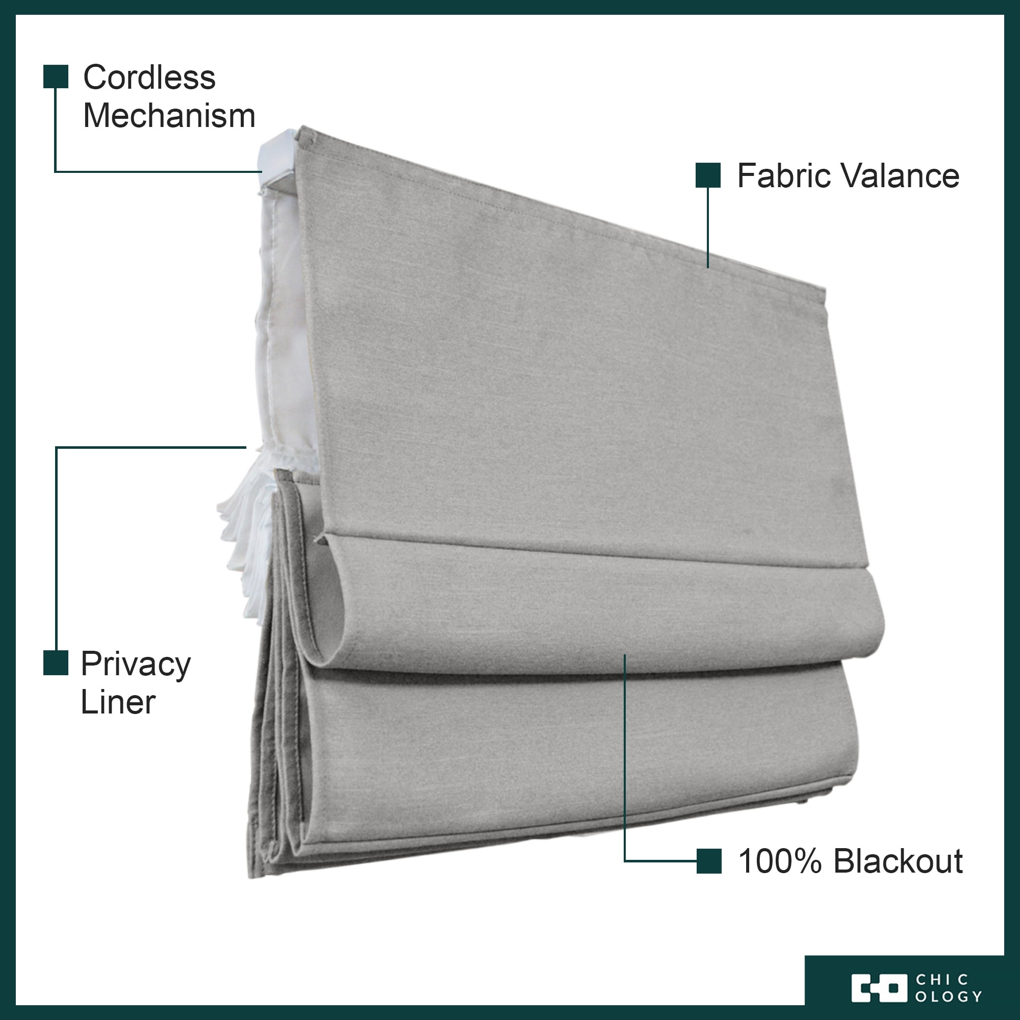 Chicology Cordless Roman Shade, Blackout, Del Mar Pearl Grey, 47"W X 64"H