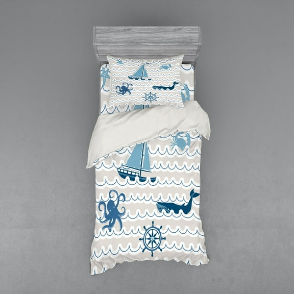 Ambesonne Cartoon Bedding Set 3 Pcs, Ship Whale Waves, Twin XL, Beige Blue White
