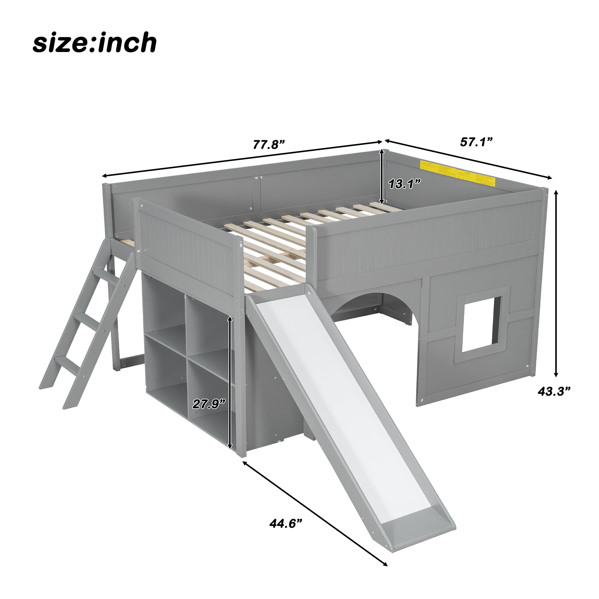 Euroco Full Size Loft Bed with Shelves and Ladder, Low Profile Wood Bed with Door and Window Design, Gray