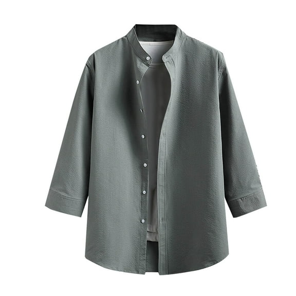 FRSASU Button Down Shirt for Men 3/4 Sleeve Casual Tops Solid Color Pocket Stand-up Collar Blouse Shirt Army Green L