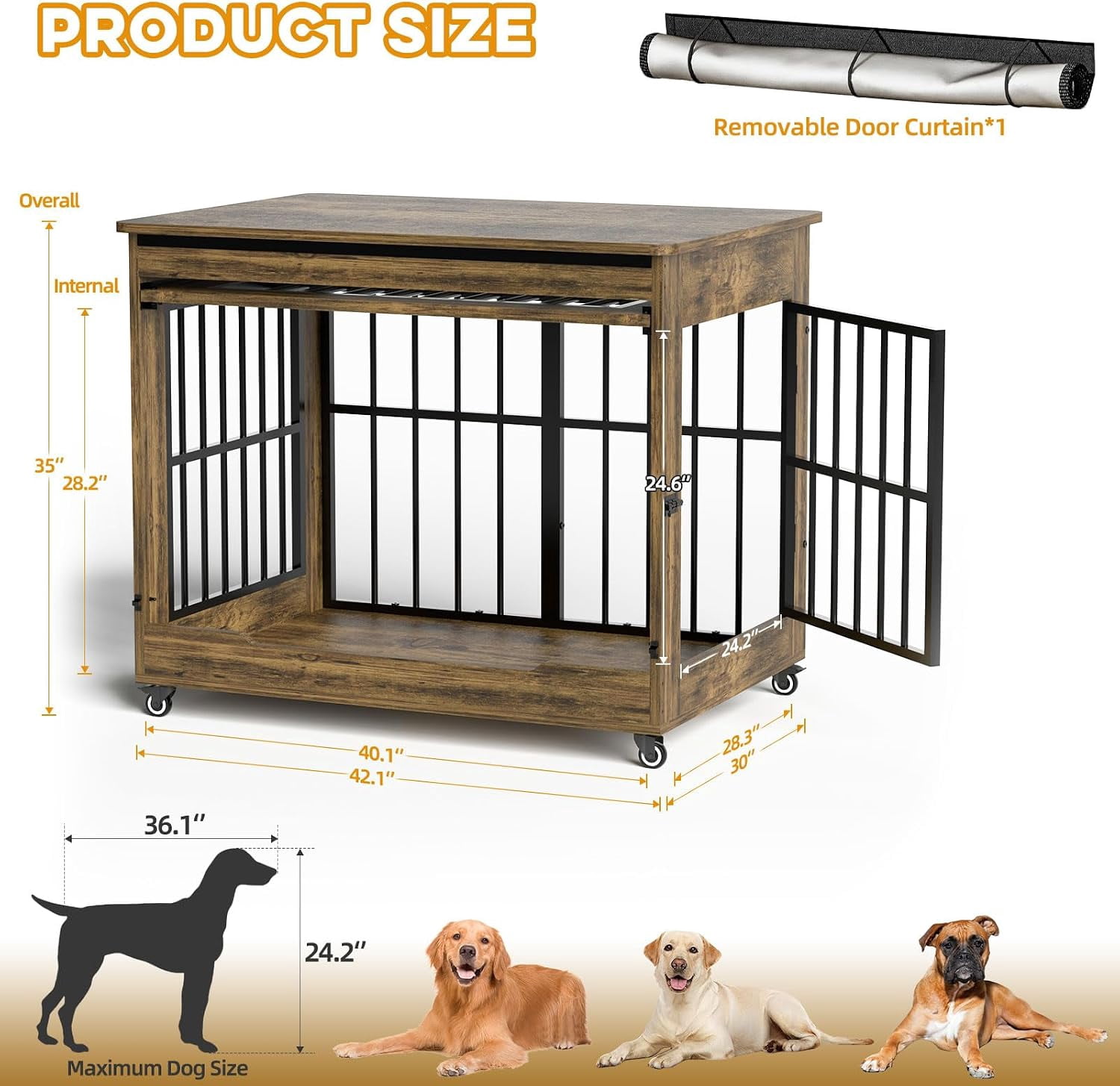 42" Wooden Dog Crate Furniture with Double Door, Lockable Wheels & Blackout Curtain, Decorative Indoor Pet Kennel End Table for Large Breed Dogs, Rustic Brown