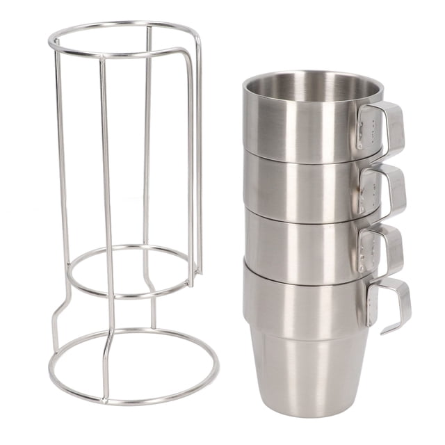 Ensemble de 4 Tasses à Café Empilables, Ensemble de Tasses à Café à Double Couche en Acier Inoxydable avec Support pour Café Lait Thé Bière Cacao