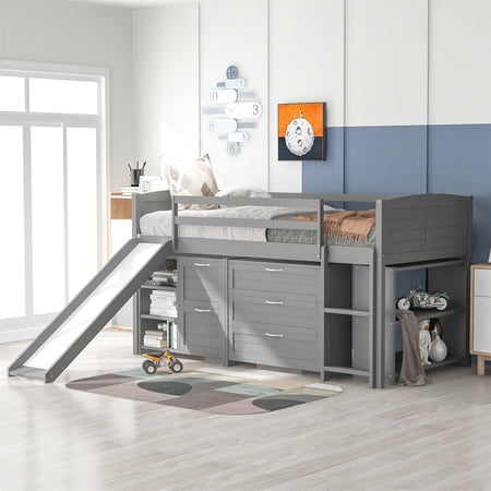 Twin Size Loft Bed  Low Loft Bed Frame with Cabinets Drawers  Book Shelves & Slide  Solid Wood Study Bed Bedroom Furniture Bed for Teens  77.8 L x 42.5 W x 41.5 H  No Spring Box Needed  Gray
