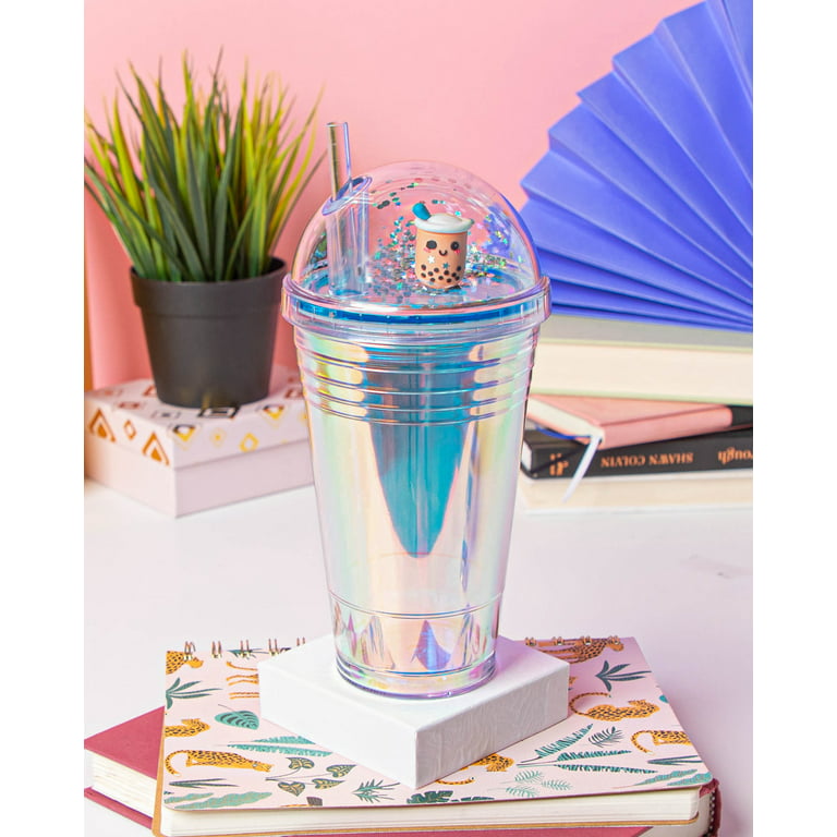 Reusable Boba Tumbler With Lid and Straw- Iridescent Cups, Glitter Dome  With Boba Doll, Reusable Tumbler, Cold Tumbler With Straw, Tea Tumbler With  Lid- 400ml Capacity 