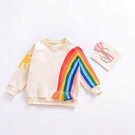 

Girls Rainbow Printed Cloth Baby Girl Tassel Cartoon Sun Printed Tops Long Sleeve O-Neck Sweatshirts