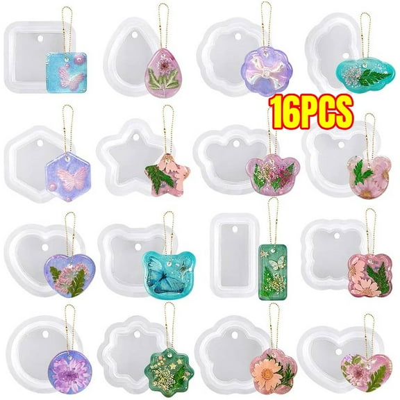 16Pcs Keychain Resin Molds Silicone with Hole, Jewelry UV Resin Keychain Molds, Epoxy Resins Mold for Keychains Pendant Jewelry Making