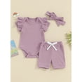 thumbnail image 2 of Suealasg Baby Girls Summer Clothes Outfits 3M 6M 12M 18M Solid Color Short Sleeve Ruffled Romper with Shorts and Headband 3 Piece Casual Clothing for Infant Girls, 2 of 9