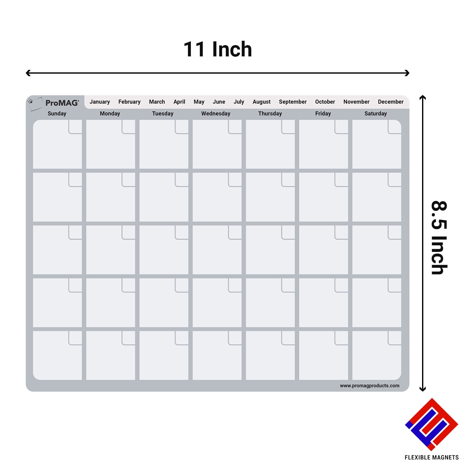 Flexible Magnets - 8.5 x 11 Inches Monthly Dry Erase Magnetic Calendar (Grey) (Pack of 5)