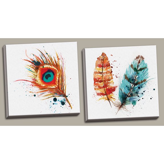 Gorgeous Teal and Orange Watercolor Style Peacock Feather Set; Two 12x12in Hand-Stretched Canvases