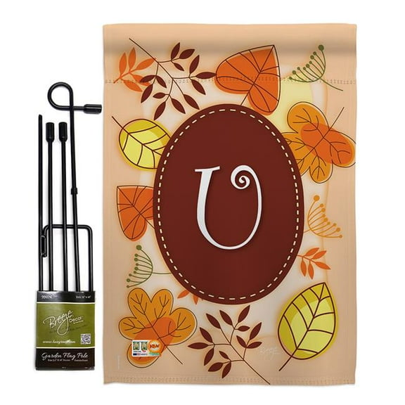 Breeze Decor BD-HA-GS-130047-IP-BO-D-US09-BD 13 x 18.5 in. Autumn U Initial Fall Harvest & Impressions Decorative Vertical Double Sided Garden Flag Set with Banner Pole