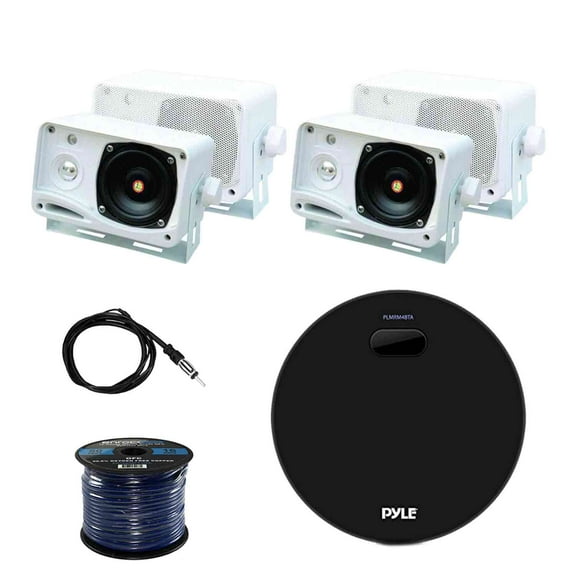 Pyle Marine Bluetooth Water Resistant Amplifier Receiver with Pyle Weather Proof Mini Box Speakers (2-Pairs)(White) , Enrock Marine Antenna and Enrock Audio 50 Foot 16-Gauge Speaker Wire