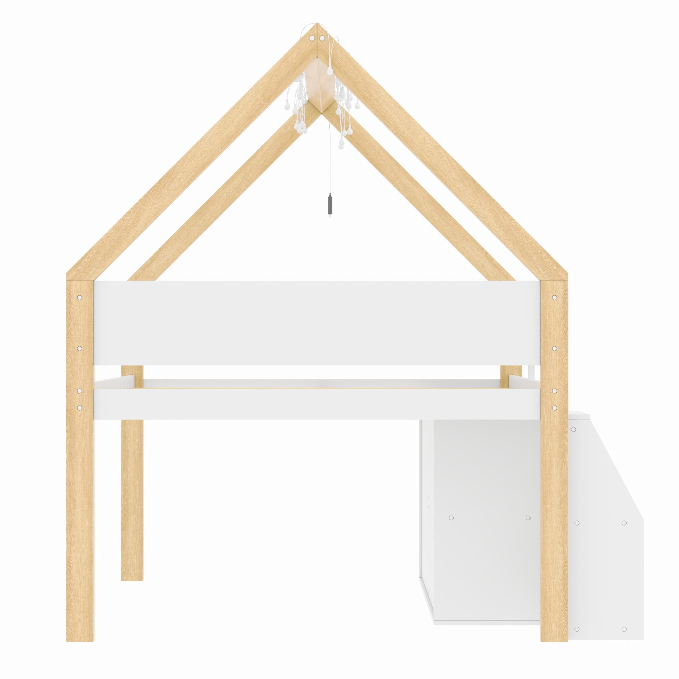Noble House Harley Full Size Low Loft Bed with Storage Staircase and Cabinets, Wood House Bed, LED Lights, White