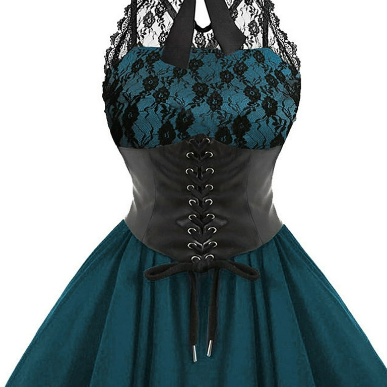 YYDGH On Clearance Women's Sleeveless Gothic Dress with Corset Halter Lace  Swing Cocktail Dress Formal Steampunk Punk Hippie Goth Dresses(7#Green,M) 