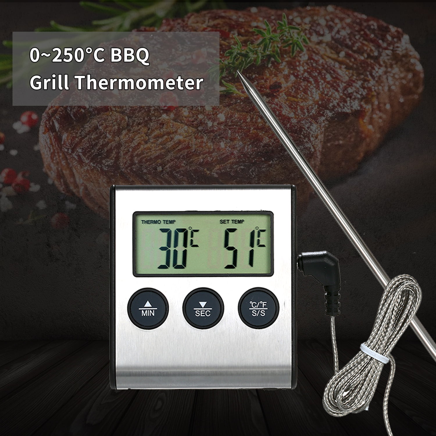 fgghfgrtgtg Forno Cucina Grill BBQ della sonda Termometro Elettronico Timer Allarme Temperatura di Cottura Tester del Calibro 0 ℃ ~ 250 ℃ 