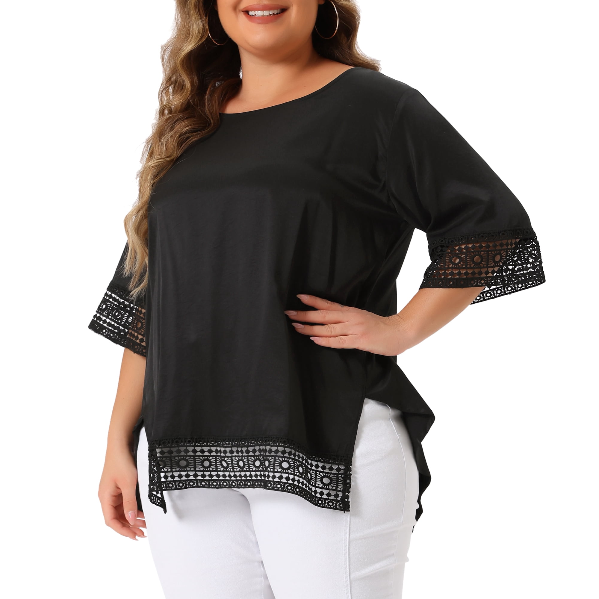 Women's Plus Summer Tops Lace Crochet Short Sleeve Casual Blouses 4X Black