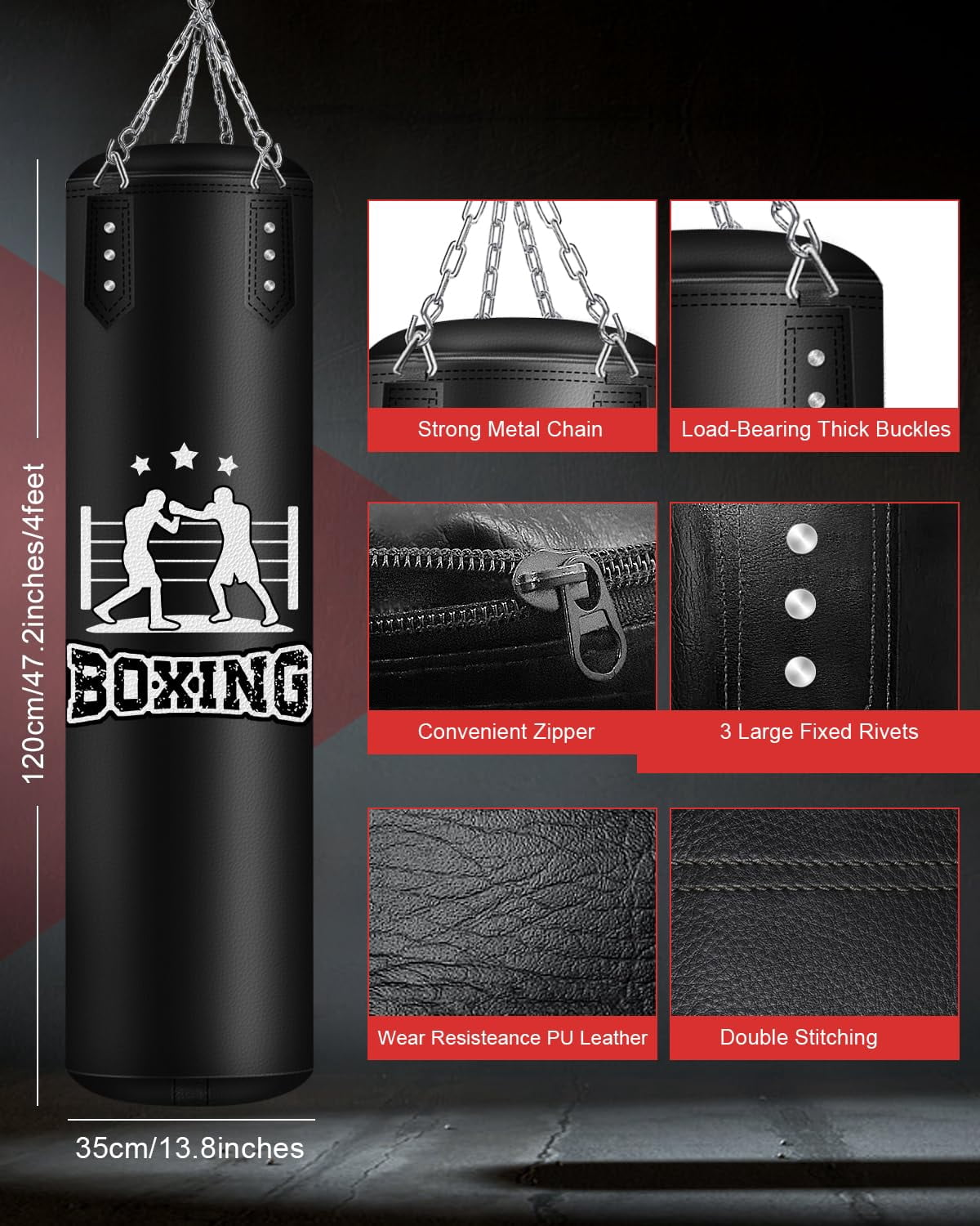 Punching Bag For Adults  4ft Pu Heavy Boxing Bags With Chain Ceiling Hook Hanging Kickboxing Muay Thai Karate Judo Home Gym Unfilled