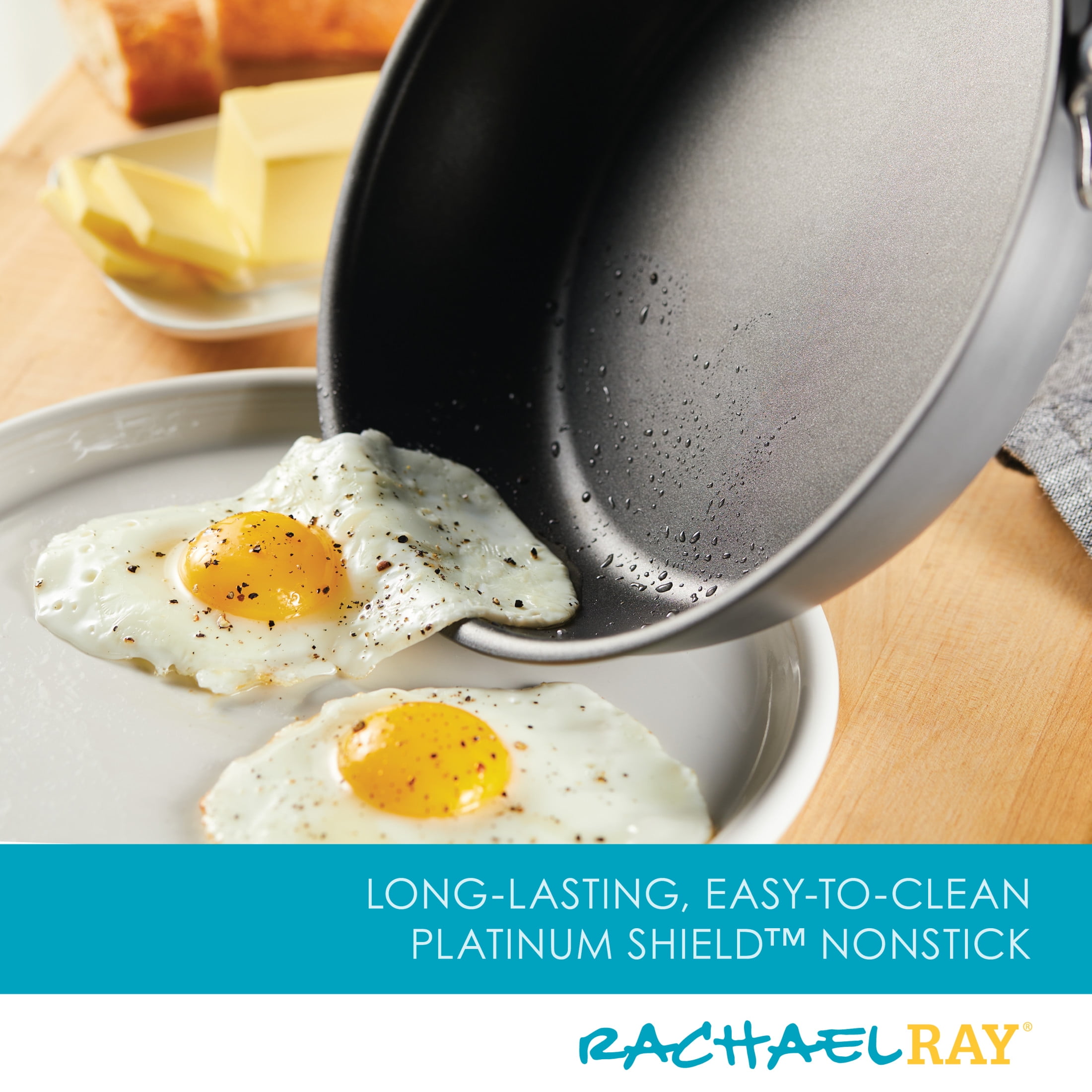 Rachael Ray Create Delicious 9.5 " and 11.75" Hard-Anodized Aluminum Nonstick Deep Skillet, Teal Handles