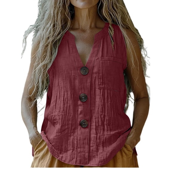 XuJwPNcy Cotton Linen Tank Tops for Women V Neck Sleeveless Tee Tops Summer Breathable T Shirts with Pocket for Beach