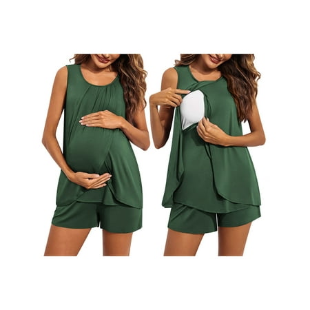 

Hnyenmcko Women Maternity Nursing Pajama Set Breastfeeding Sleepwear Double Layer Sleeveless Tops and Shorts Pregnancy Nightwear Suits
