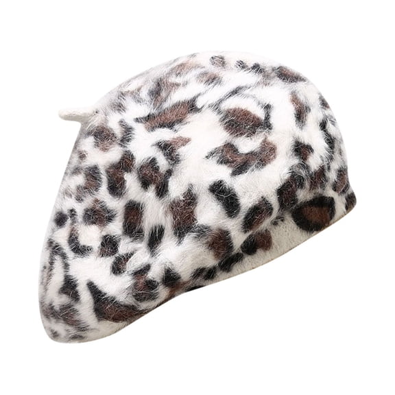 HNMKIU Fashionable Ladies Beret Hat with Elegant Leopard Print Design for Warm Winter Style White,One Size