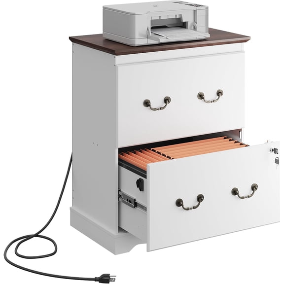 2 Drawer File Cabinet with Charging Station & Lock, Wood Filing Cabinets for Home Office, Lateral Printer Stand for Office Storage, White