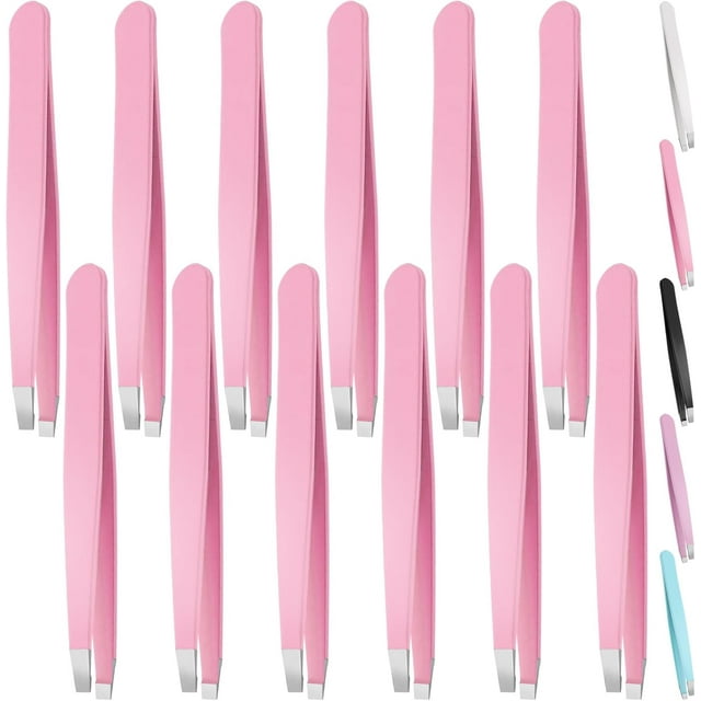 Swpeet 12 Pcs Pinces à Sourcils Roses de 3,79 Pouces en Acier Inoxydable à Embout Incliné, Kit de Pinces, Épilateur Professionnel pour Sourcils, Visage et Poils, Pinces de Précision à Pointe Inclinée Convenant aux Hommes et aux Femmes