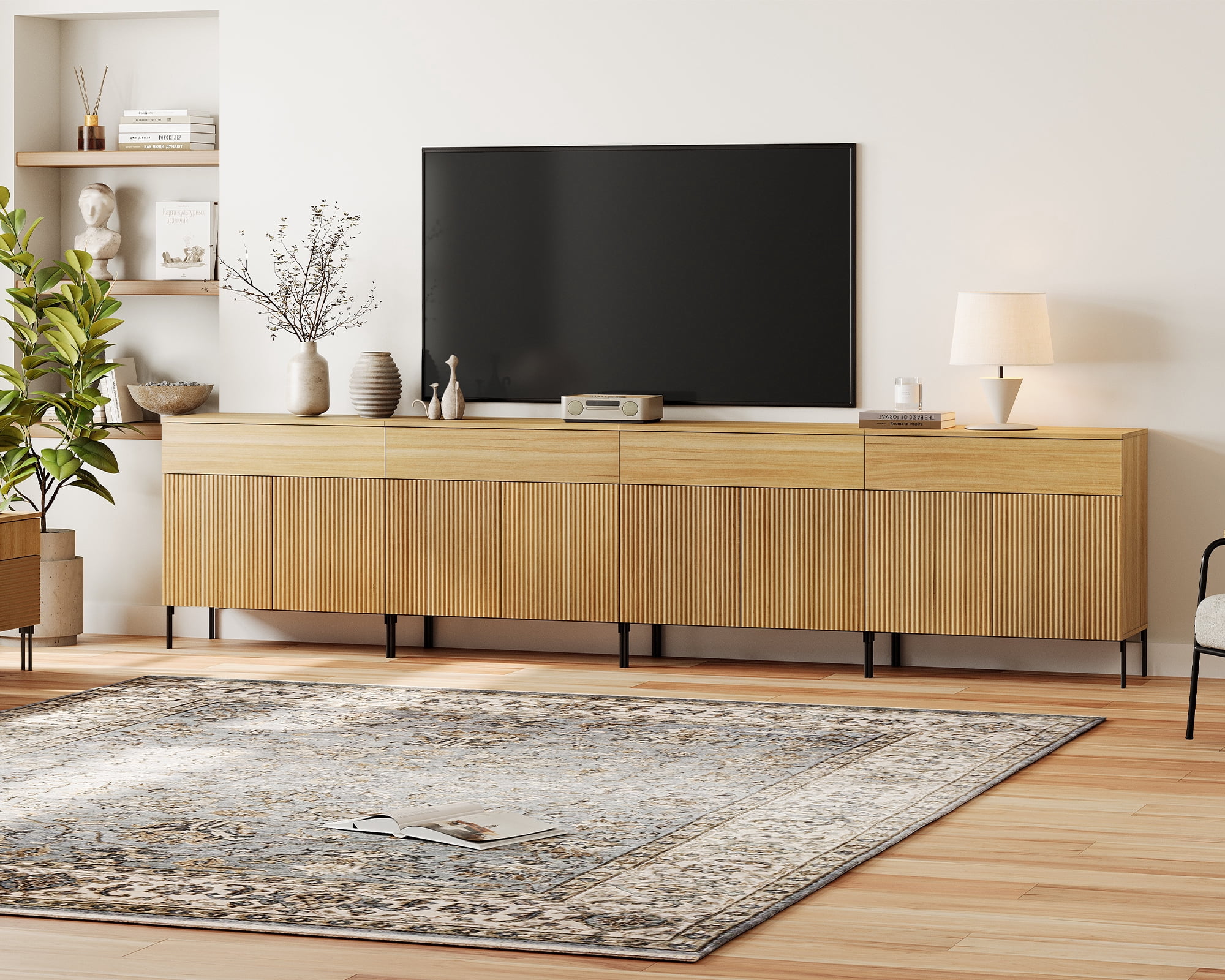 126" Long Modern Reeded TV Stand with Doors, Entertainment Center with Shelf, Wooden TV Console with Drawers for Living Room