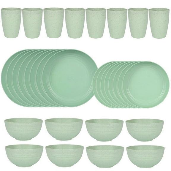 NAMZI 32Piece Wheat Straw Dinnerware Set for 8, All-In-One Plastic Plates & Bowls, Dishwasher-Safe Camping Dishes for Family Gatherings, Outdoor Trips & Daily Meals,Green