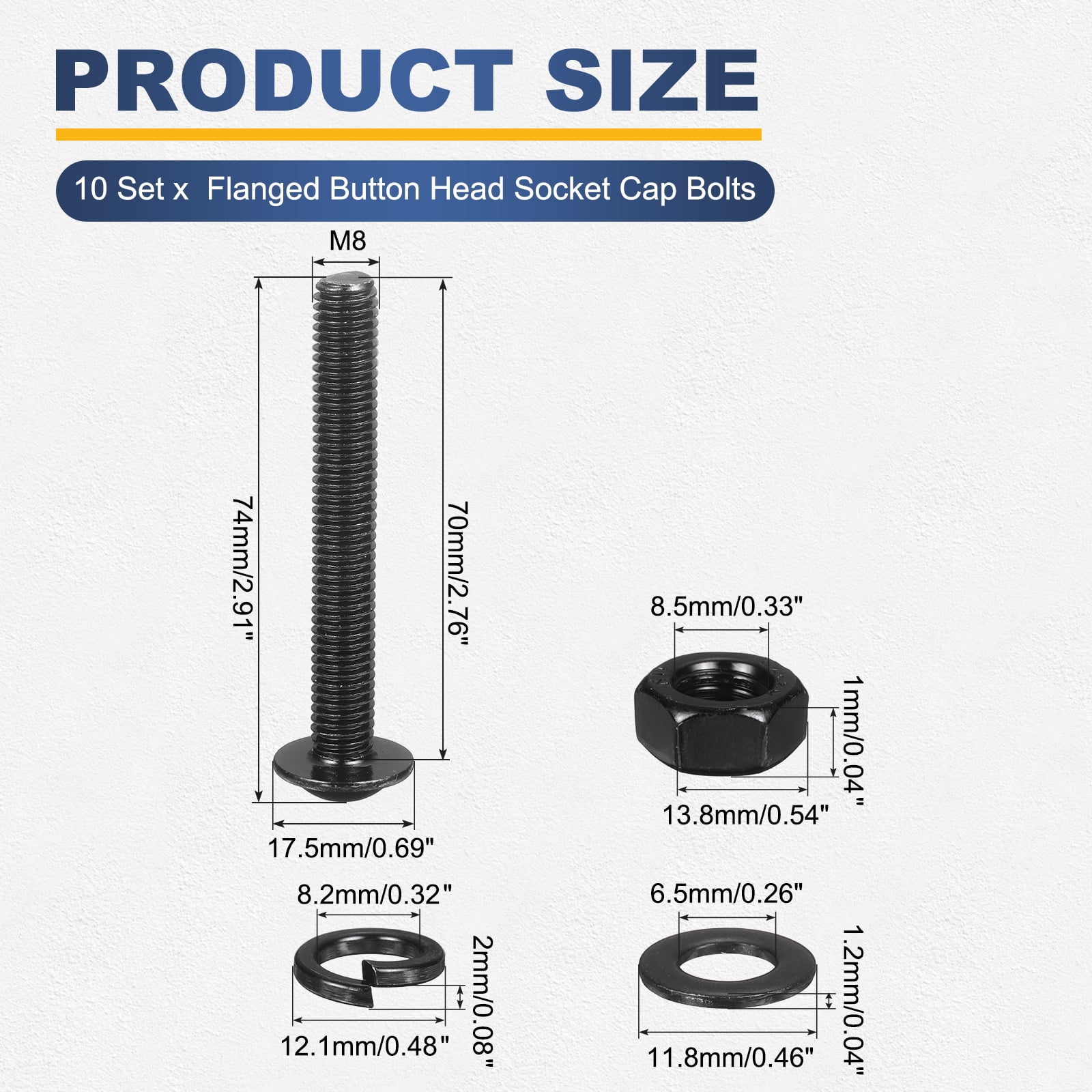 10 Set M8 x 70mm Flanged Button Head Socket Cap Screws, Black 304 Stainless Steel 18-8 Hex Socket Head Screws Bolts, Nuts, Flat & Lock Washers for DIY, Furniture, Automotive