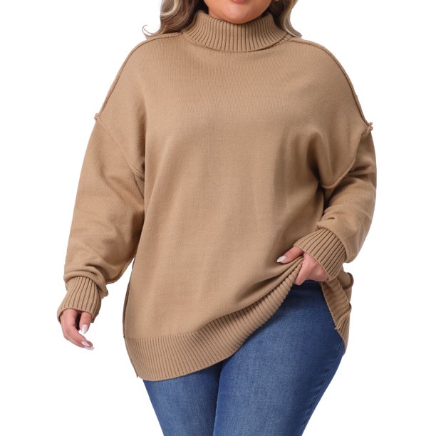 Suéter de mujer de talla grande Agnes Orinda, suelto, con cuello alto, de manga larga, casual, pulóver de punto, 2X, beige