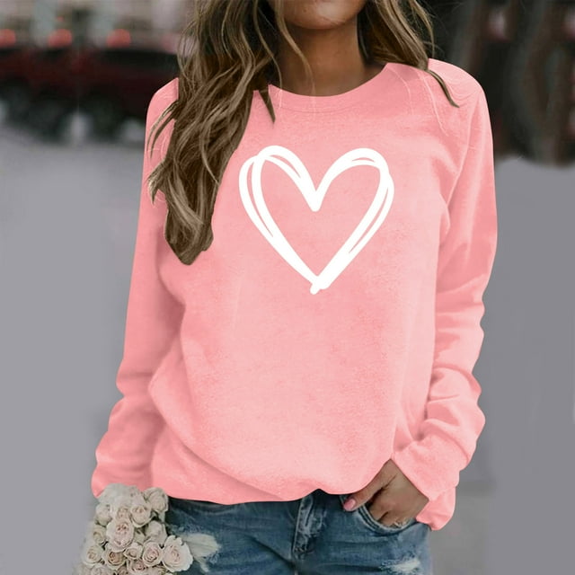Jsaierl Chandails en Molleton Décontractés à Col Rond pour Femmes Imprimé Cœur Manches Longues Pull-Over Automne Chaud Confortable Hauts Tendance Mignons Polyvalents Chemises Quotidiennes Blouses de Sortie