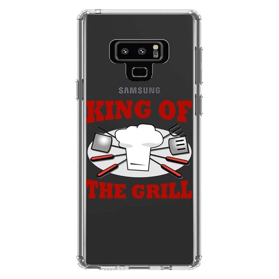 DistinctInk Clear Shockproof Hybrid Case for Samsung Galaxy Note 9 - TPU Bumper Acrylic Back Tempered Glass Screen Protector - King of the Grill BBQ Barbecue