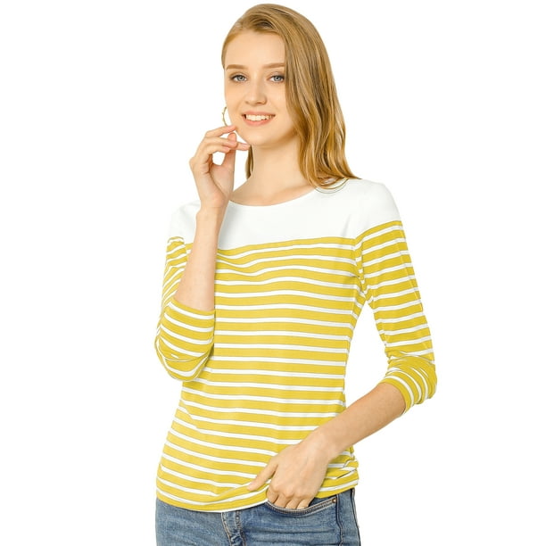 CamiseDe ManLarPaMujer bloque de colorrayas triple color simple Amarillo L