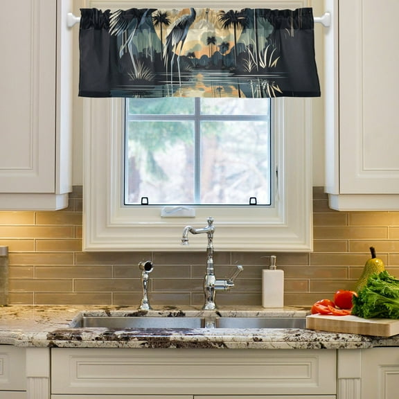 Birds with Moon Coconut Trees Lake Curtain Valances Farmhouse Design Window Treatment Decor Blackout Rod Pocket for Windows Living Room Kitchen 54" x 18"