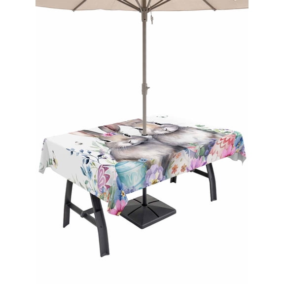 Outdoor Tablecloth with Umbrella Hole and Zipper, Bunny Easter Rectangle Table Cloth 60x102 Inch Waterproof Tablecloth, Eucalyptus Leaves Spring Floral Eggs Weeping Picnic Table Cover for Patio