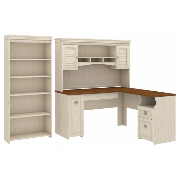 Fairview L Desk with Hutch and Bookcase in Antique White - Engineered Wood