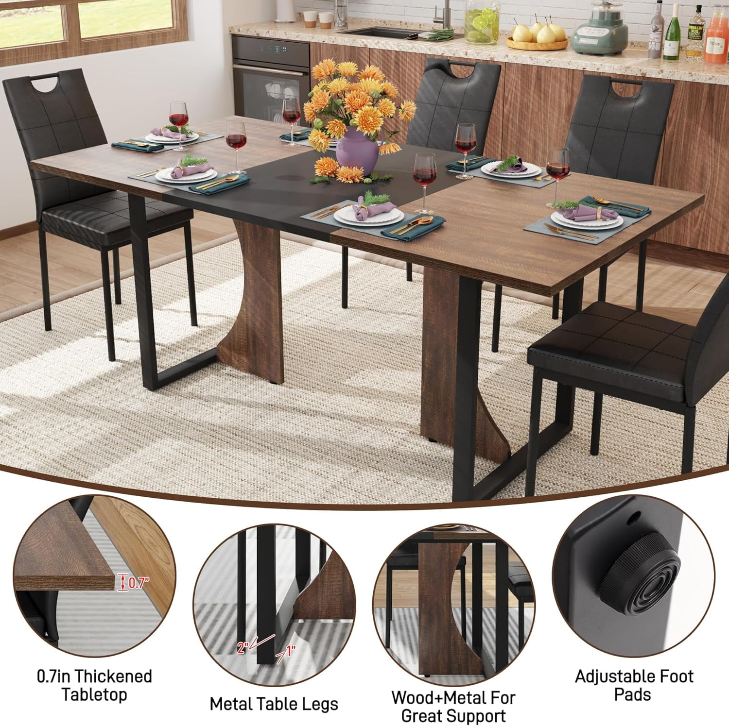 ChVans 7 Pcs Dining Table Set for 4-6 People with Chairs,70" Kitchen Dinner Table W/Waterpoof Wooden Tabletop,6 PCS Upholstered PU Chairs,Rectangular Wood Tables W/Adjustable Leg for Home Dining Room