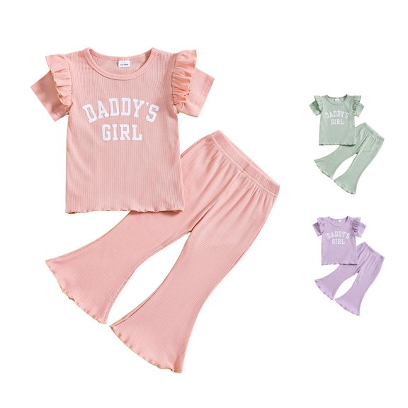 HCYSFG Girls Daddys Girl Outfit Sets 2 Piece Crewneck Short Ruffle Sleeve Clothing Sets Ribbed Top And Flare Pants Matching Sets