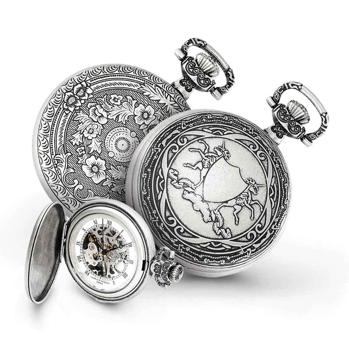 Versil Charles Hubert Antiqued Men's Unicorn Shield 47mm Case Pocket Watch by - Silver